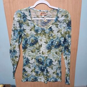 Mudd‎ Floral Lace Semi-Sheer Long Sleeve Top Blue Green White Size Large